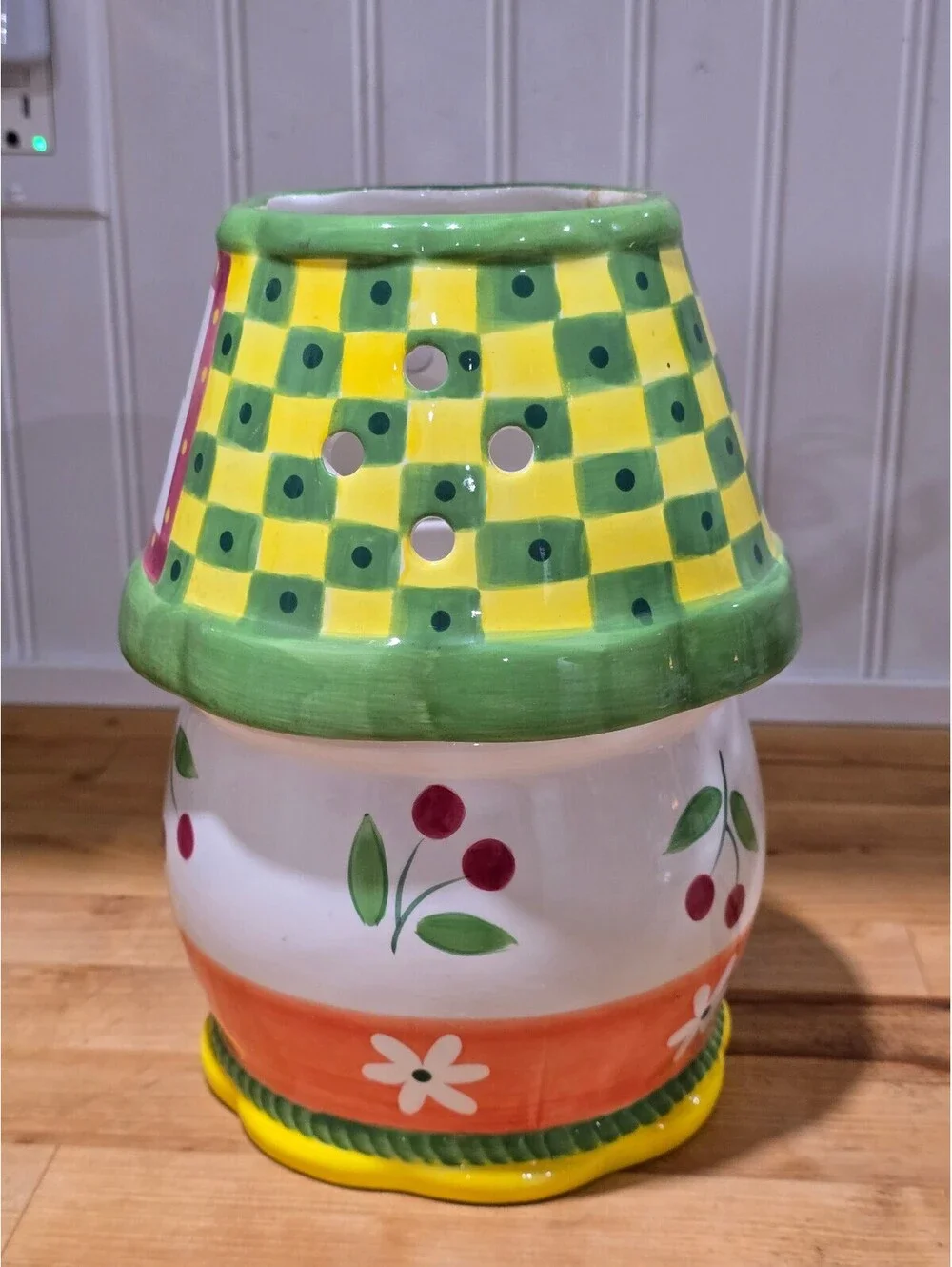 Vtg Ceramic Candle Holder Light Lamp Shade Colorful Fruit and Checkered Design